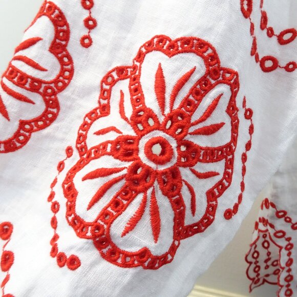 J. Crew Embroidered Tunic Linen Red White Size XL Boxy V-Neck Flowy Peasant - Picture 4 of 9